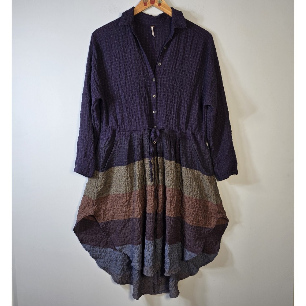 Free People Shirtdress Ray Of Light Size S Dress Purple Stripe Pockets Tie Waist